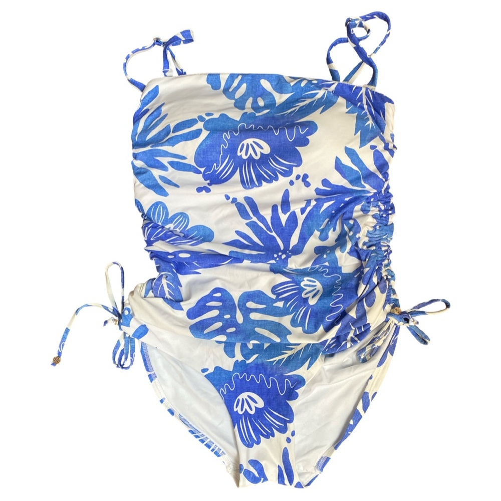 Next Blue and White One Piece - 10 blue white floral ruched ,polyester spandex